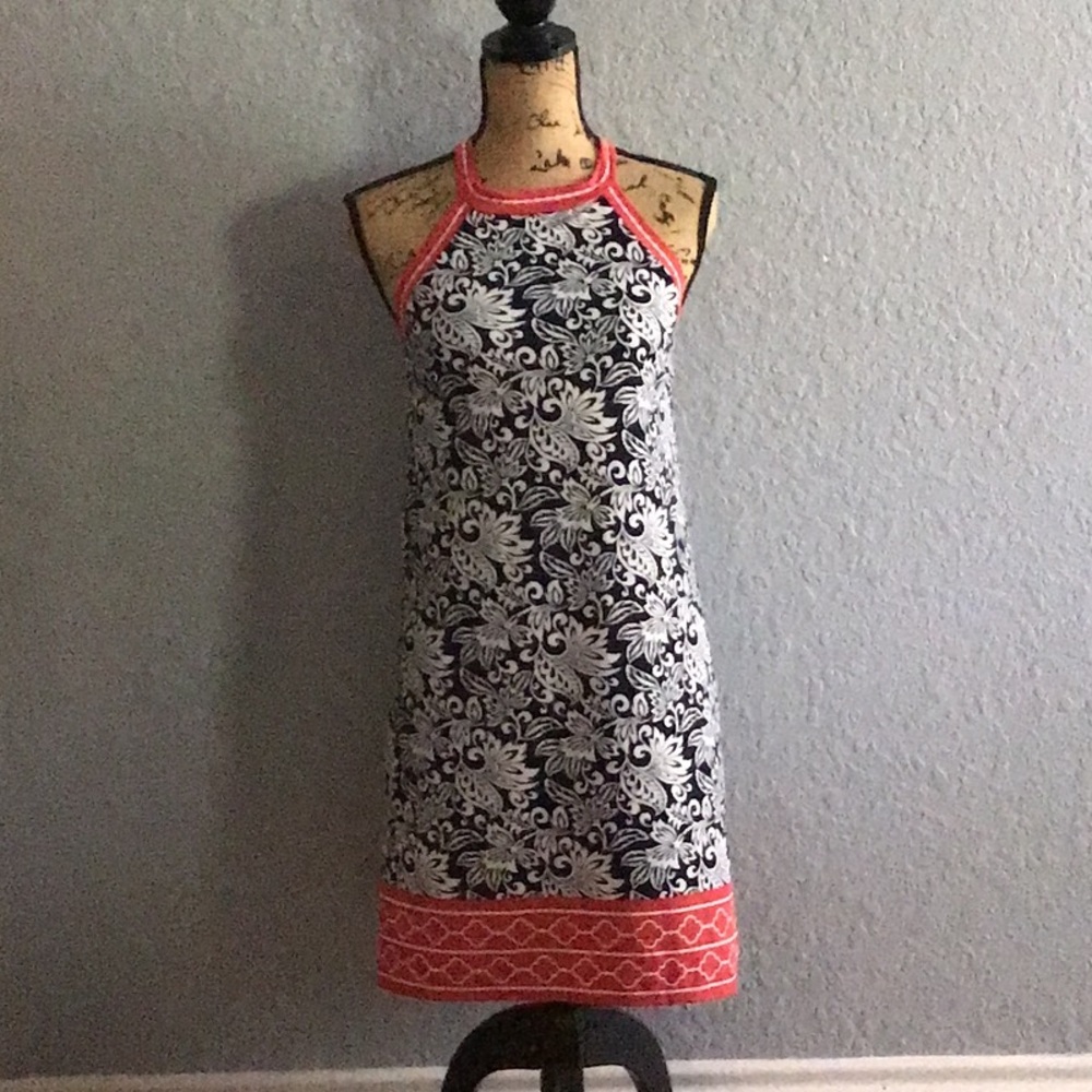 Max Studio Navy and White Sleeveless Halter Sheath Dress